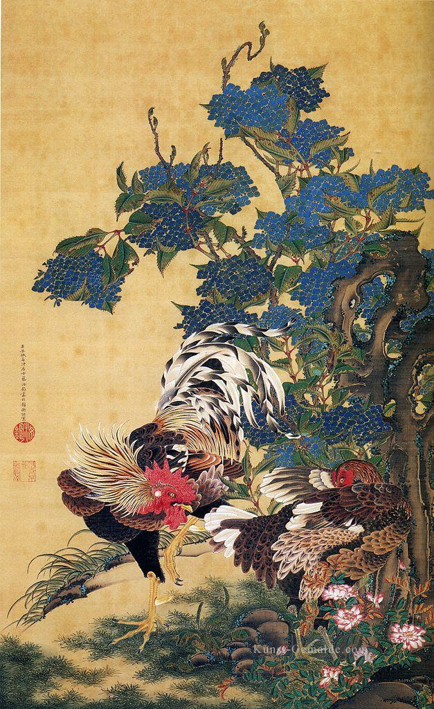 Hahn und Henne mit Rangeas Ito Jakuchu Japanisch Ölgemälde